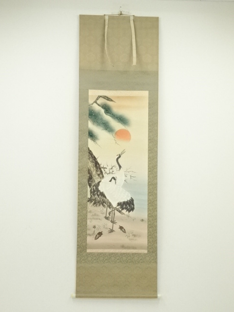 JAPANESE HANGING SCROLL / HAND PAINTED / TURTLE WITH CRANE